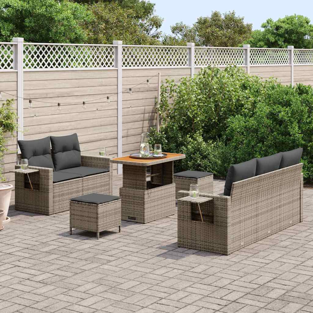 vidaXL 8-delige Tuinbankenset met kussens poly rattan acacia grijs