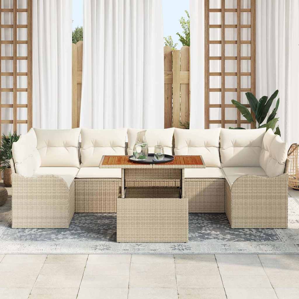 vidaXL 8-delige tuinsofa set met kussens van beige poly rattan en acacia.
