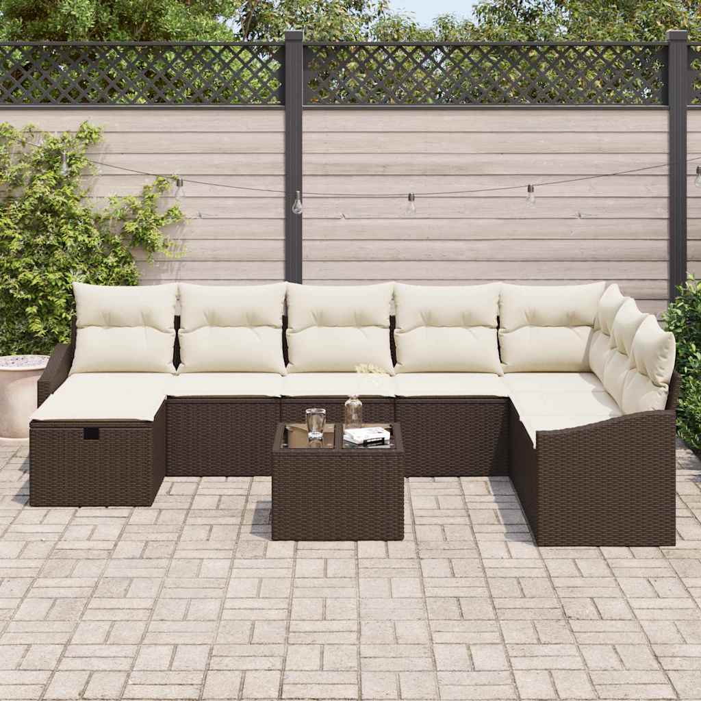 vidaXL 9-delige Tuinbankenset met kussens poly rattan bruin
