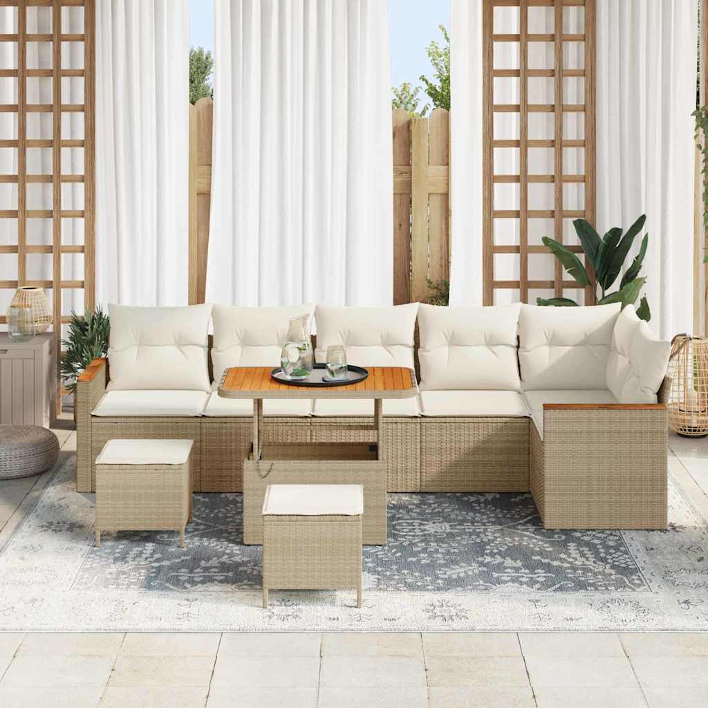 vidaXL 9-delige tuinbankset met kussens in beige van poly rattan en acacia