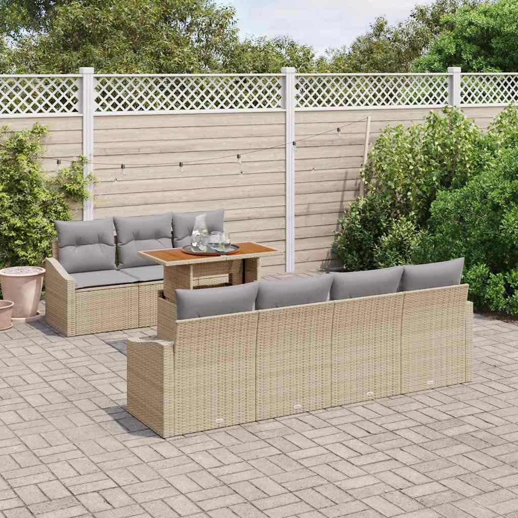 vidaXL 8-delige tuinset met kussens in beige van poly riet en acacia.