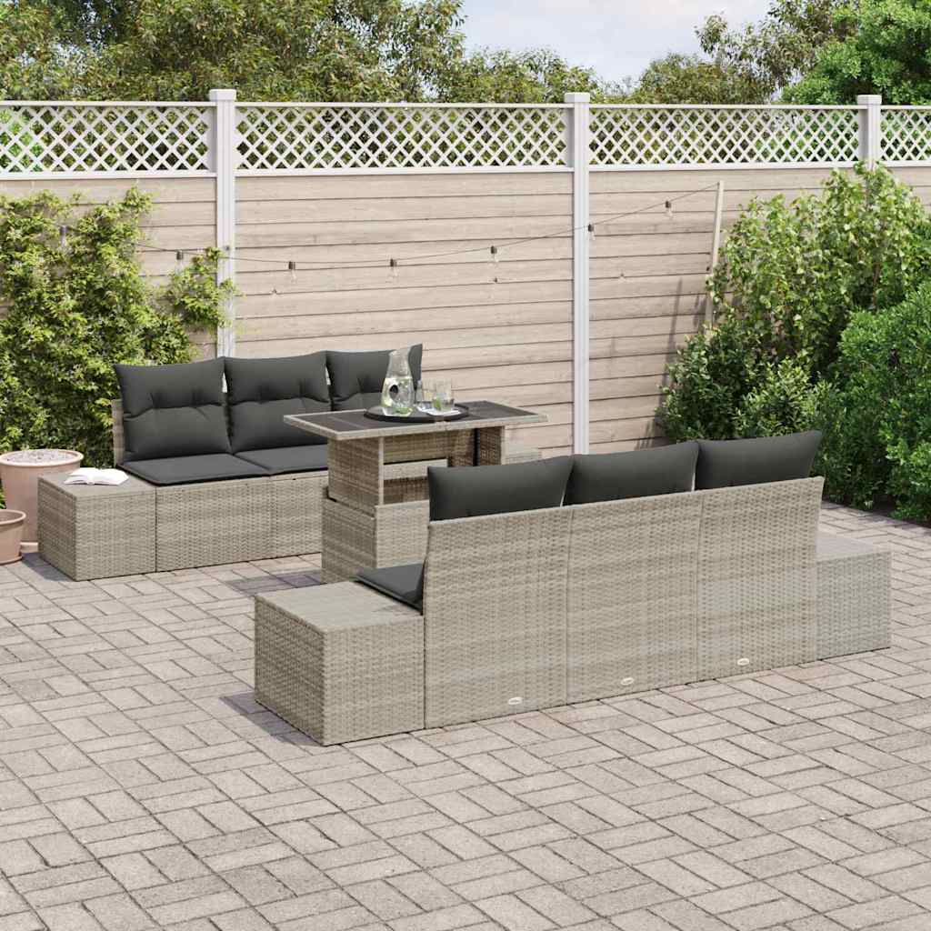 vidaXL 7-delige tuinbankset met kussens in lichtgrijs poly rattan