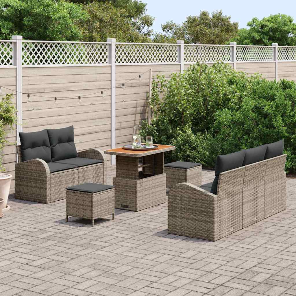 vidaXL 8-delige tuinset met kussens - Grijs Poly Rattan Acacia