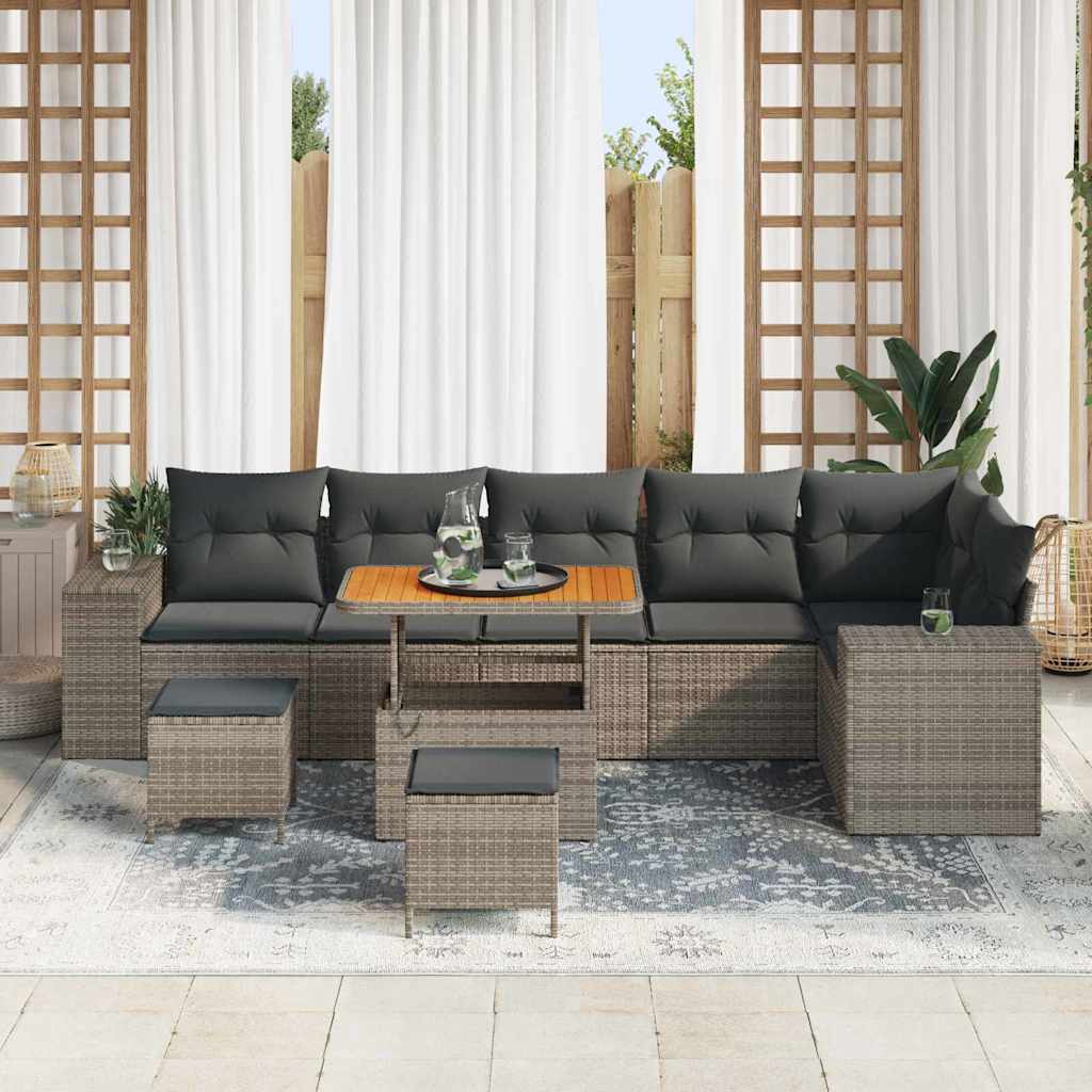 vidaXL 9-delige Tuinbankenset met kussens poly rattan acacia grijs