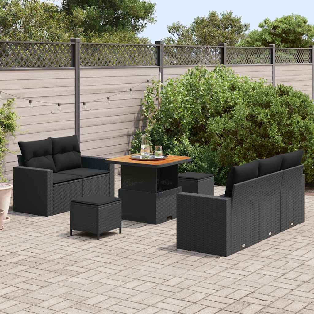 vidaXL 8-delige tuinset met kussens - zwart poly riet en acacia