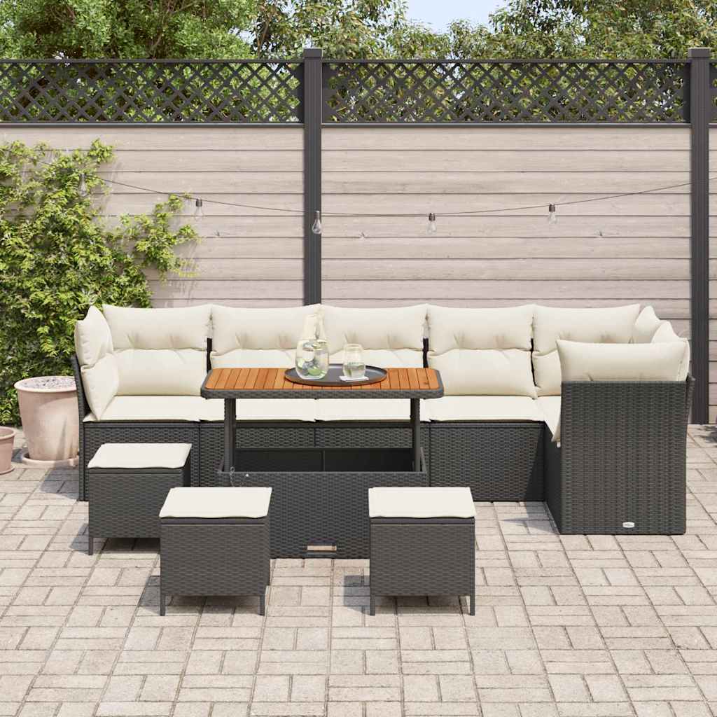 vidaXL 10-delige Tuinbankenset met kussens poly rattan acacia zwart