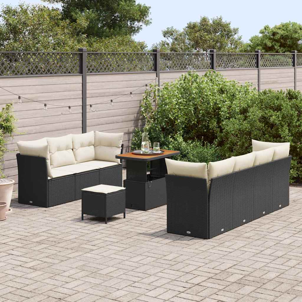 vidaXL 10-delige tuinset met kussens van zwart poly riet en acacia