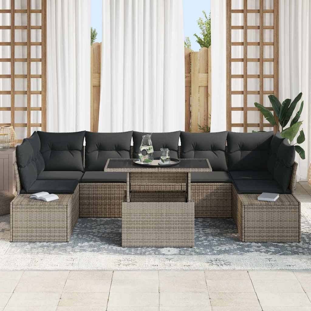 vidaXL 8-delige Tuinbankenset met kussens poly rattan grijs