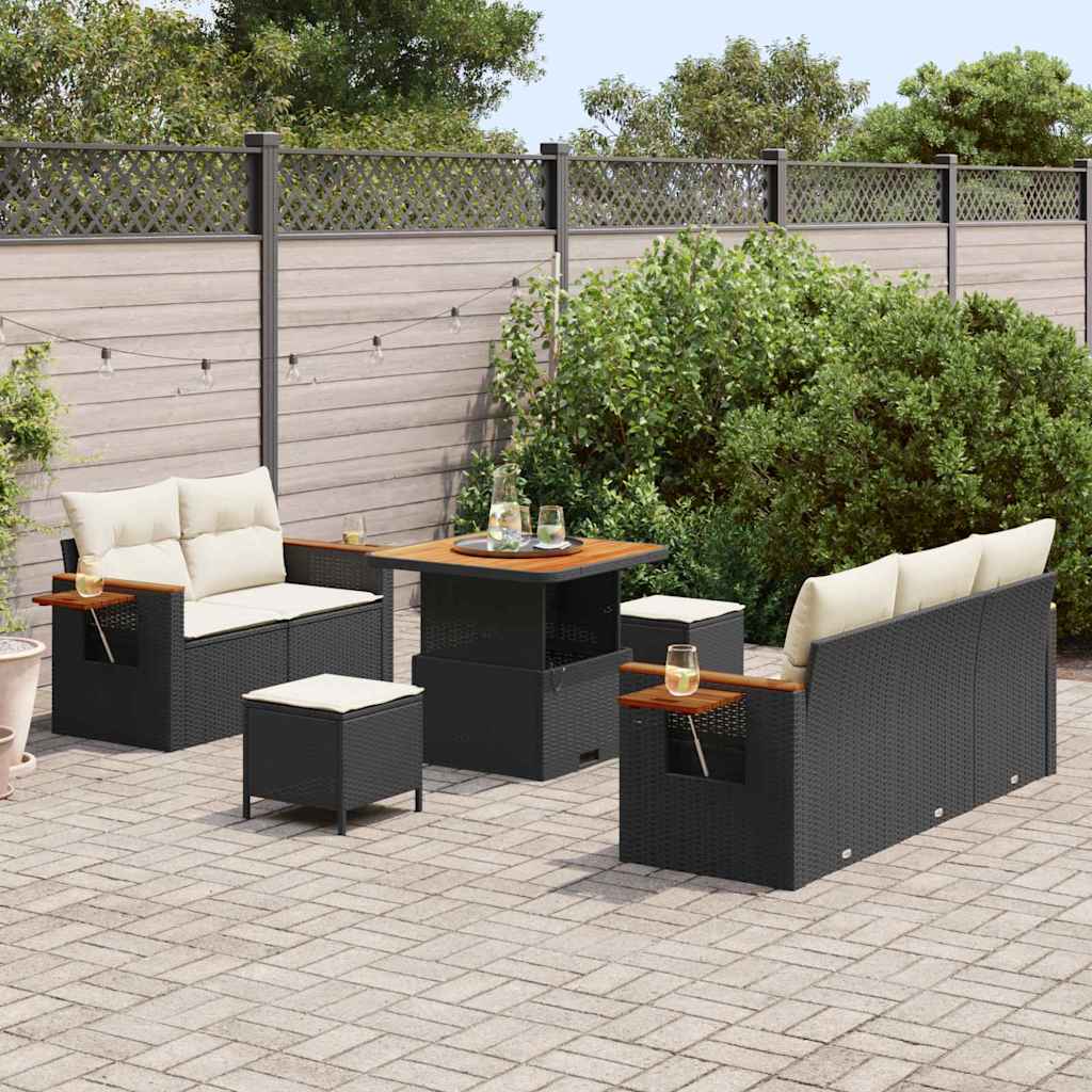 vidaXL 8-delige tuinset met kussens zwart poly rattan acacia