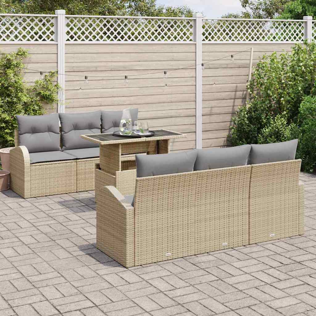 vidaXL 7-delige tuinbankset met kussens in beige poly rattan