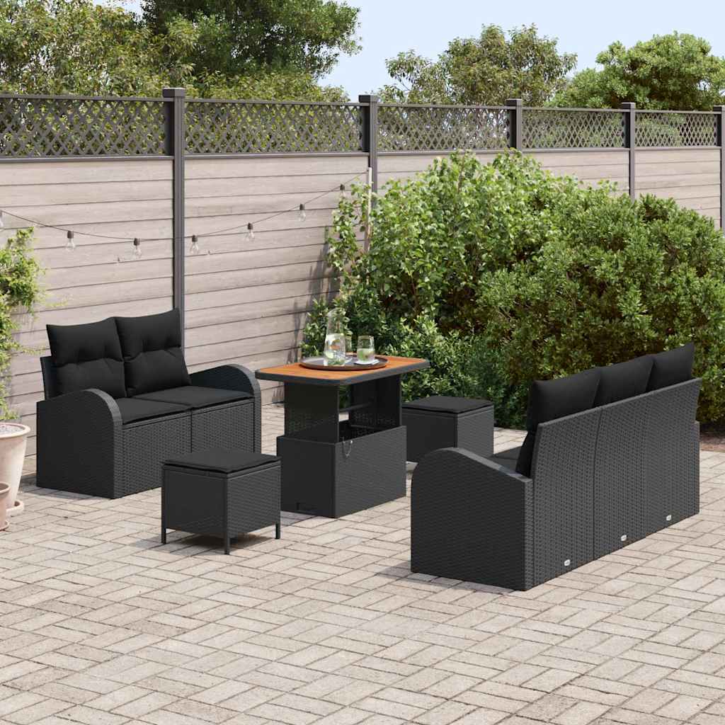 vidaXL 8-delige tuinsofa set met kussens - zwart poly rattan en acacia
