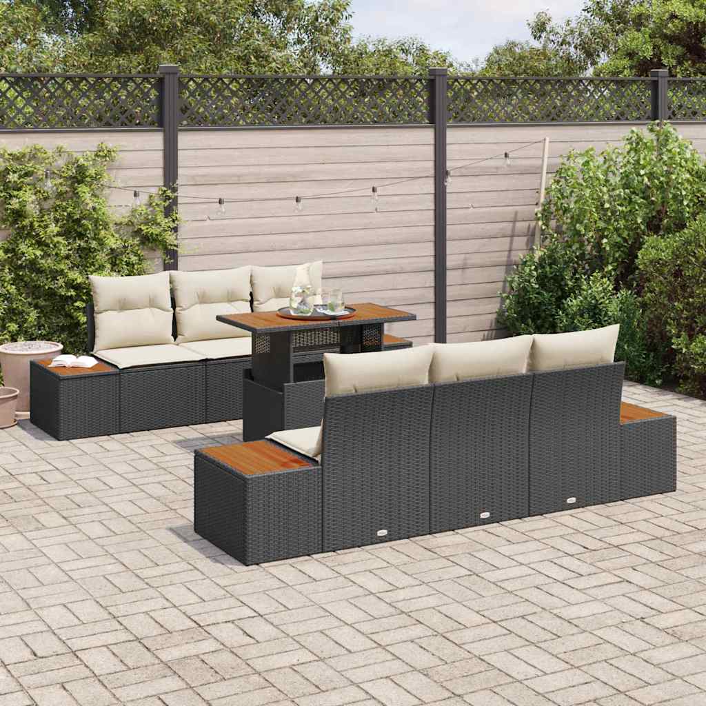 vidaXL 7-delige tuin-eetset met kussens in zwart poly rattan en acacia