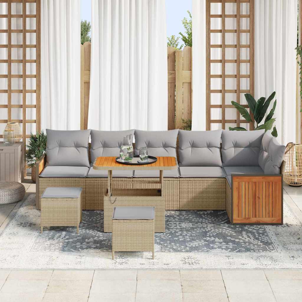 vidaXL 9-delige Tuinbankenset met kussens poly rattan acacia beige