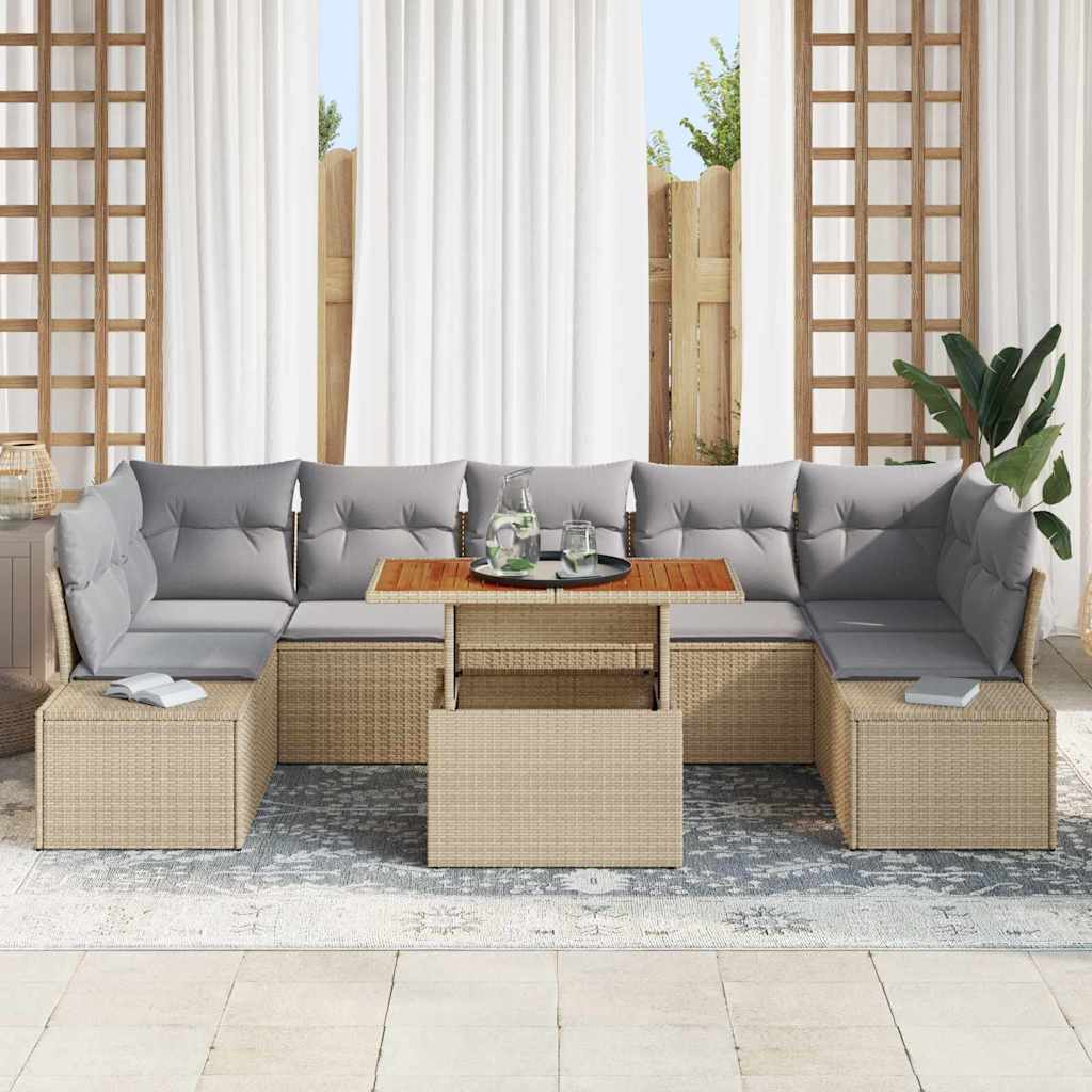 vidaXL 8-delige tuinset met kussens, beige poly rattan, acacia