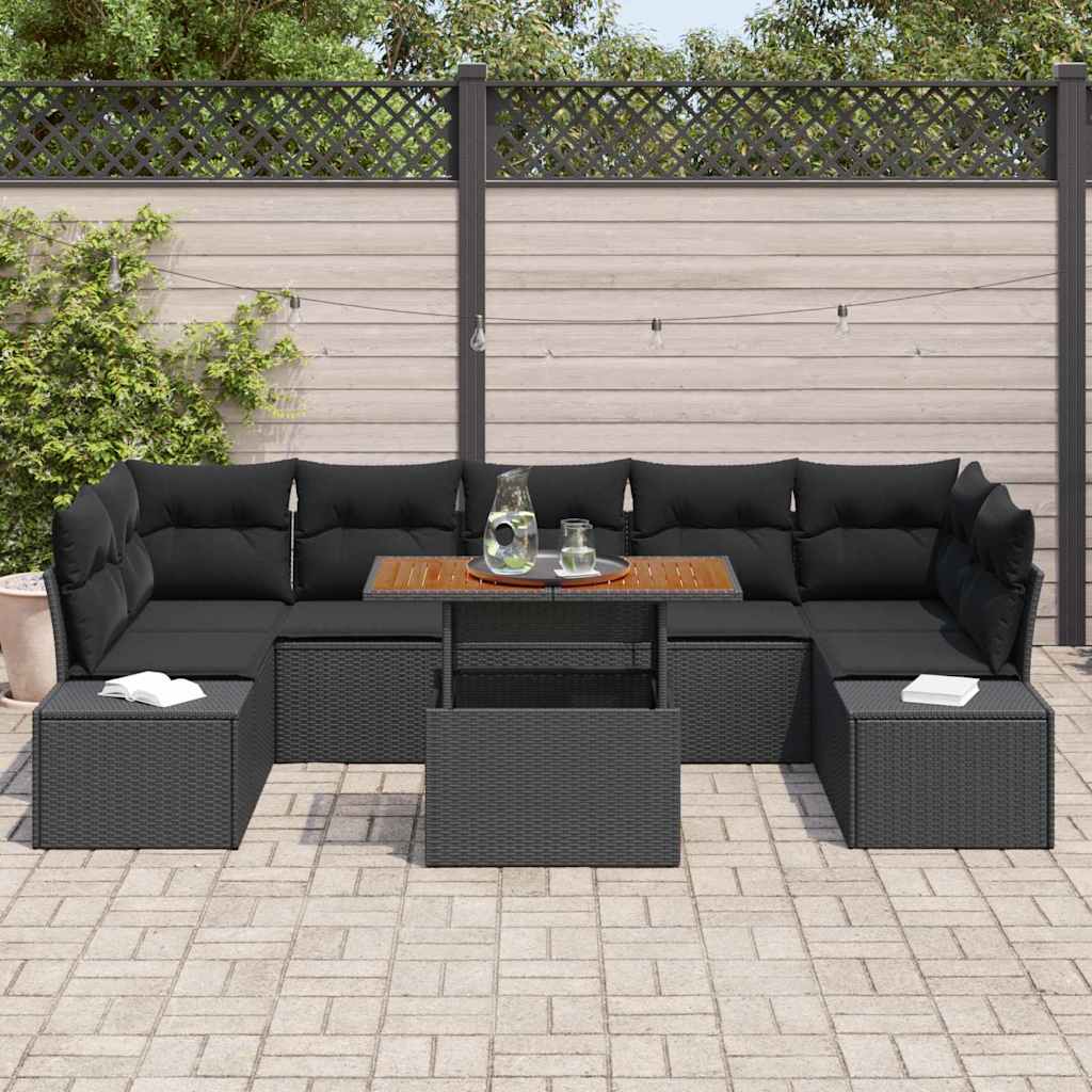 vidaXL 8-delige tuinset met kussens in zwart poly rattan en acacia.