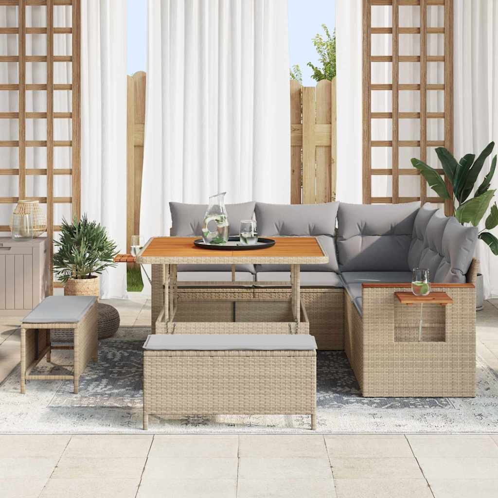 vidaXL 8-delige tuinset met kussens in beige van poly rattan en acacia