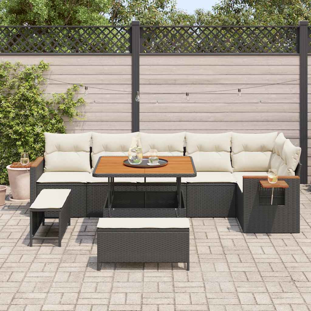 vidaXL 9-delige Tuinbankenset met kussens poly rattan acacia zwart