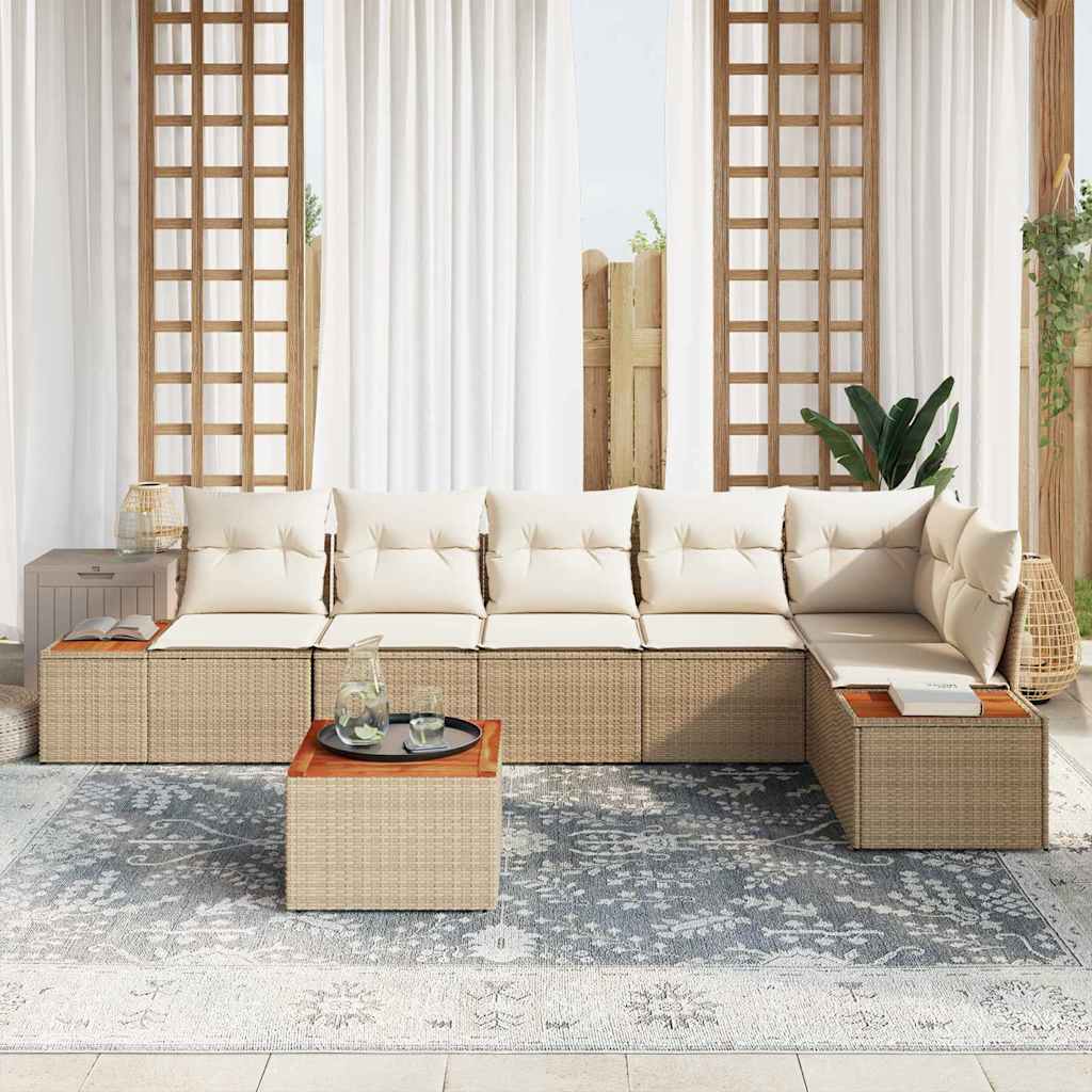 vidaXL 7-delige tuinset met kussens in beige poly rattan en acacia
