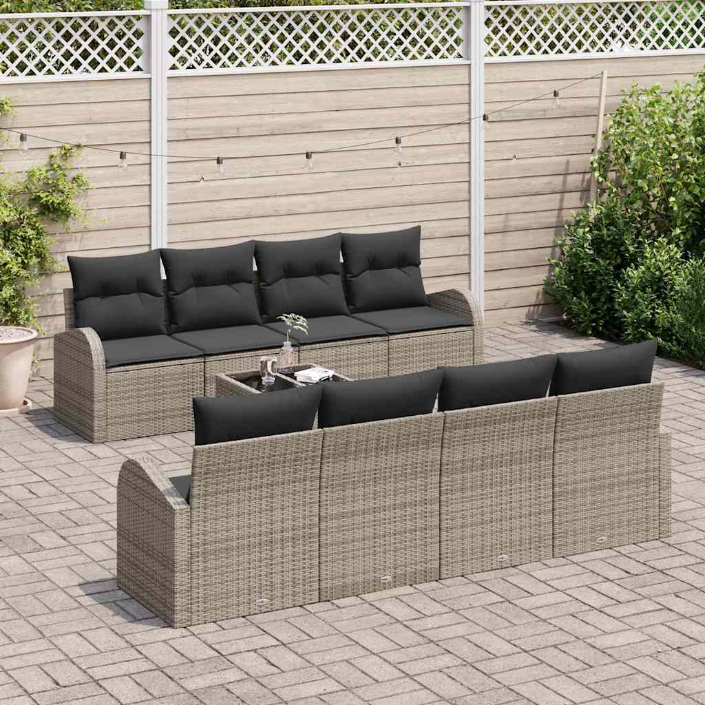 vidaXL 9-delige tuinbankset met kussens in grijs poly rattan