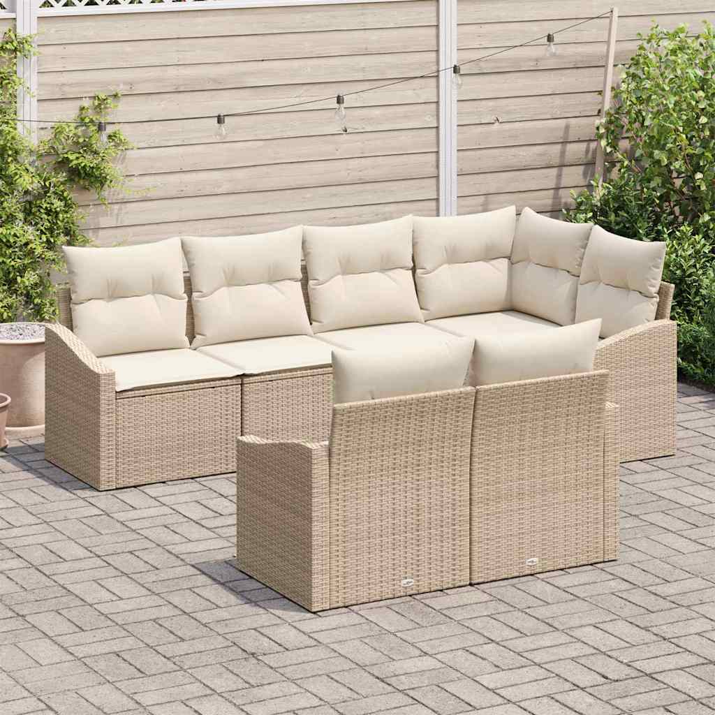 vidaXL 7-delige tuintafel set met kussens in beige van poly riet