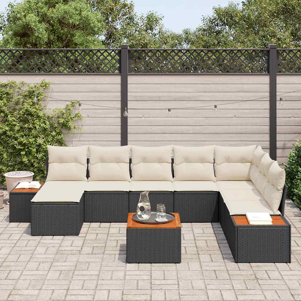 vidaXL 9-delige tuinset met kussens, zwarte poly rattan met acacia