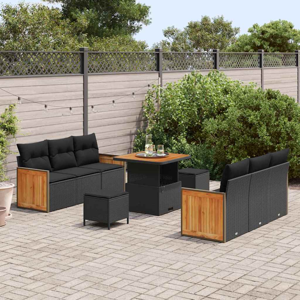 vidaXL 9-delige Tuinbankenset met kussens poly rattan acacia zwart