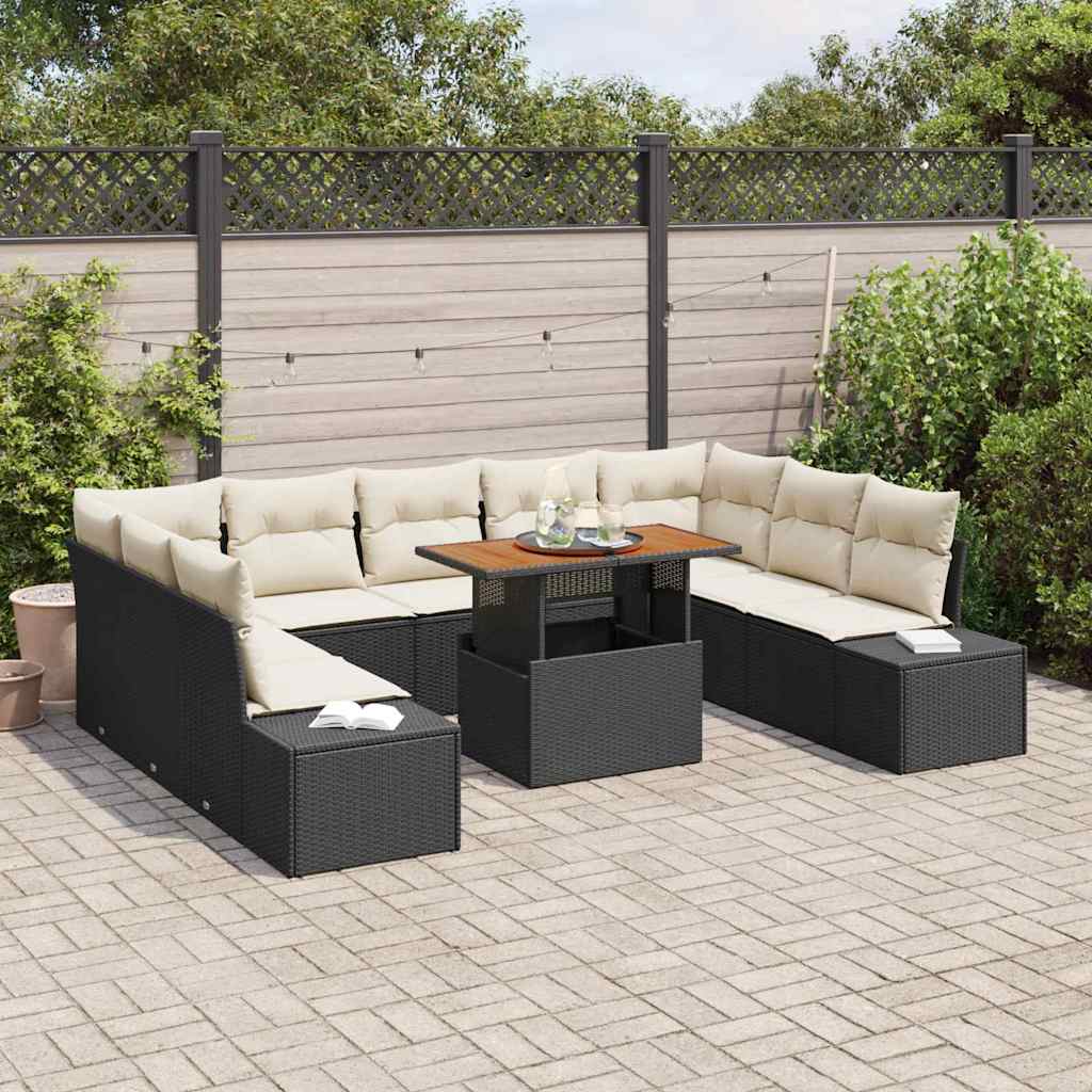 vidaXL 10-delige tuinset met kussens in zwart poly rattan en acacia