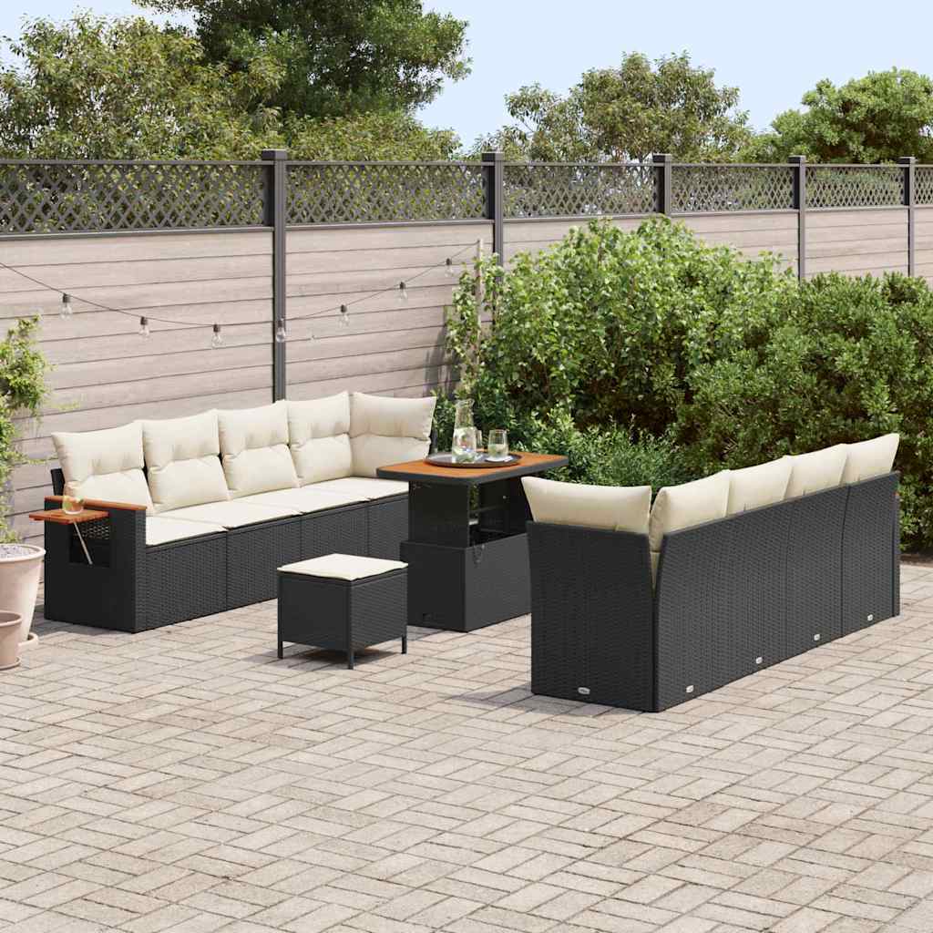 vidaXL 11-delige tuinset met kussens zwart poly riet en acacia