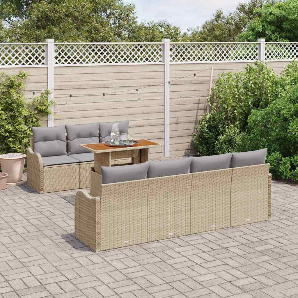 vidaXL 8-delige tuinset met kussens in beige van poly rattan en acacia