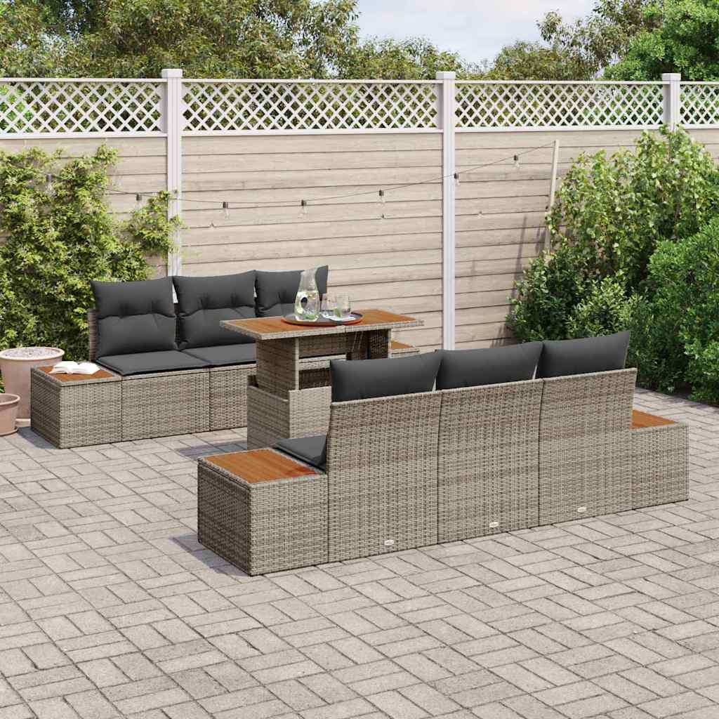 vidaXL 7-delige tuinset met kussens in het grijs van poly riet en acacia