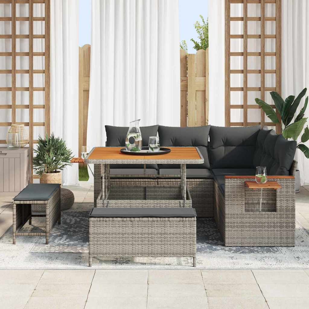 vidaXL 8-delige tuinbankset met kussens in grijs poly rattan en acaciahout