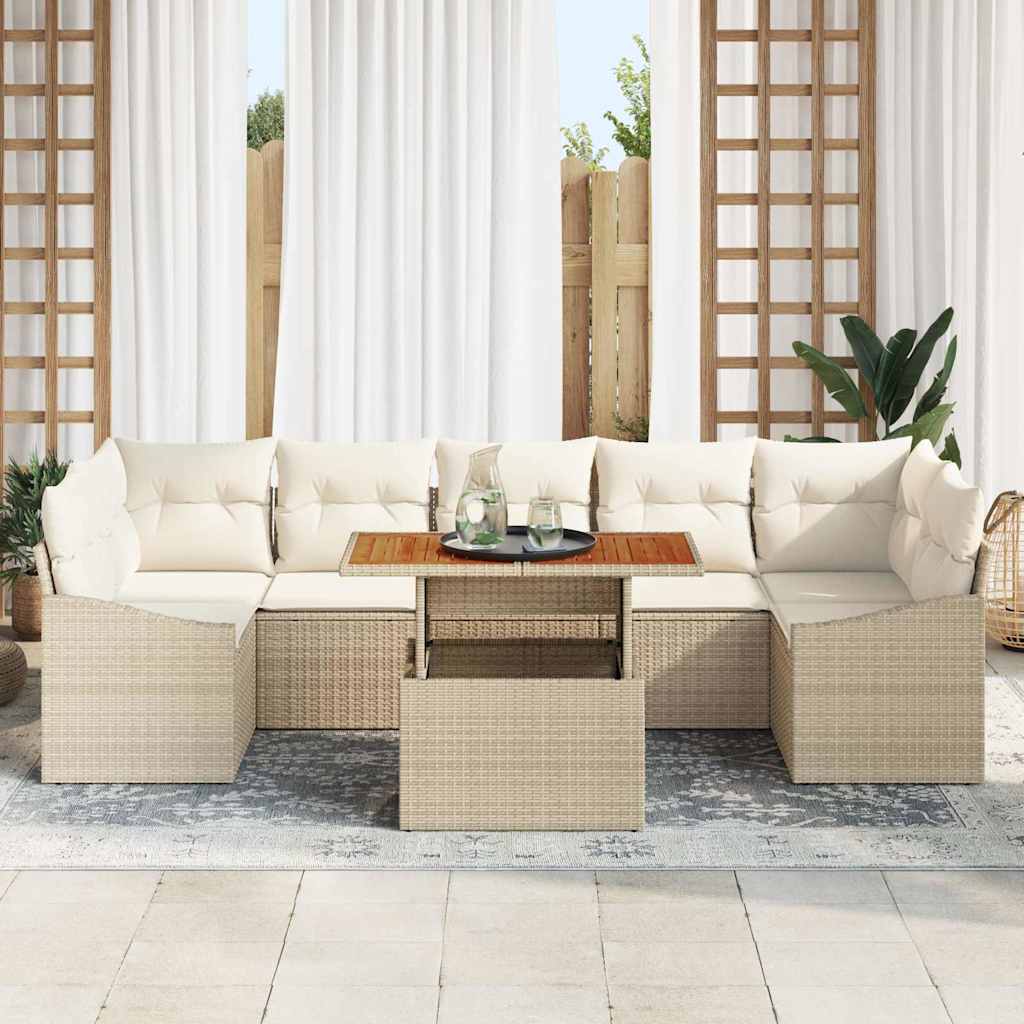 vidaXL 8-delige tuinset met kussens, beige poly rattan en acaciahout