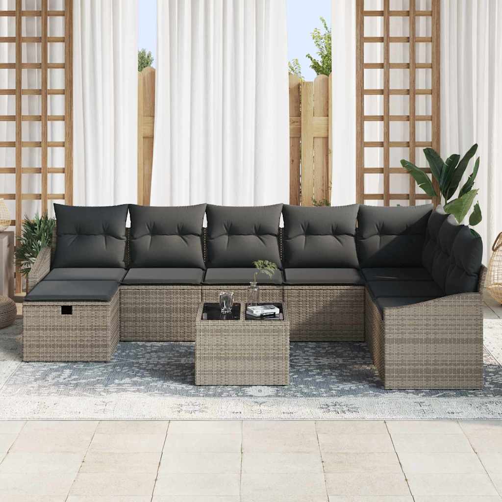 vidaXL 9-delige Tuinbankenset met kussens poly rattan grijs