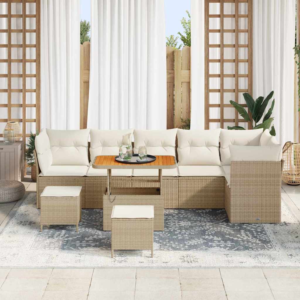 vidaXL 9-delige Tuinbankenset met kussens poly rattan acacia beige