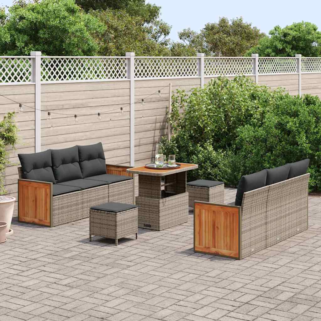 vidaXL 9-delige Tuinbankenset met kussens poly rattan acacia grijs