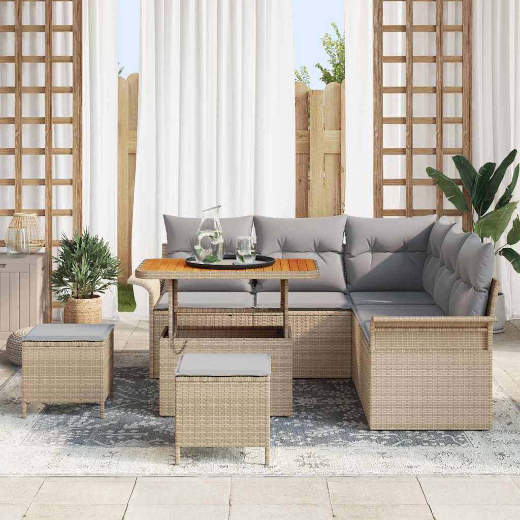 vidaXL 8-delige tuinbankenset met kussens in Beige Poly Rattan en Acacia