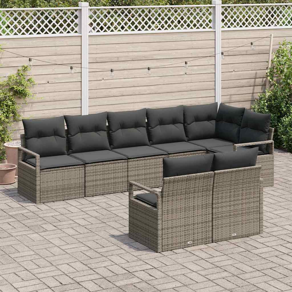 vidaXL 8-delige tuinbankset met kussens in grijs poly rattan