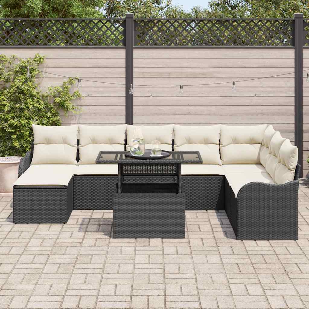 vidaXL 9-delige Tuinbankenset met kussens poly rattan zwart
