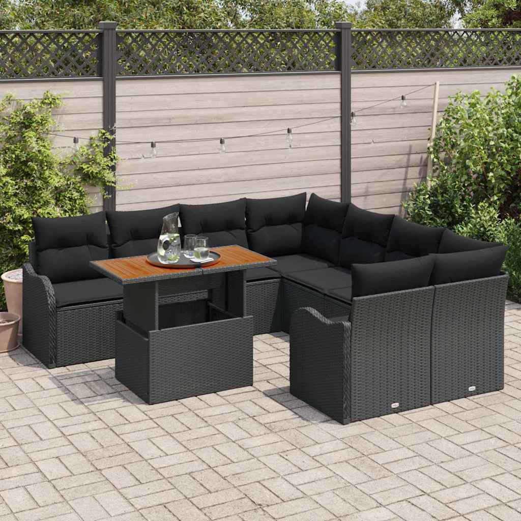 vidaXL 9-delige tuinbankset met kussens in zwart poly rattan en acacia