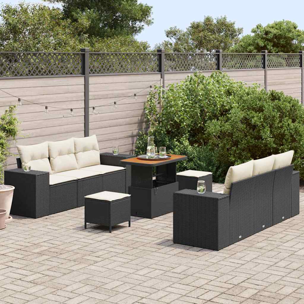 vidaXL 9-delige Tuinbankenset met kussens poly rattan acacia zwart