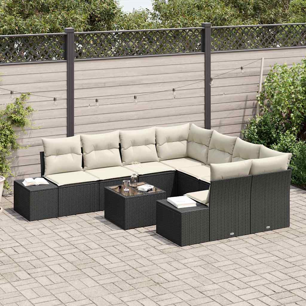 vidaXL 9-delige tuinset met kussens in zwart poly rattan