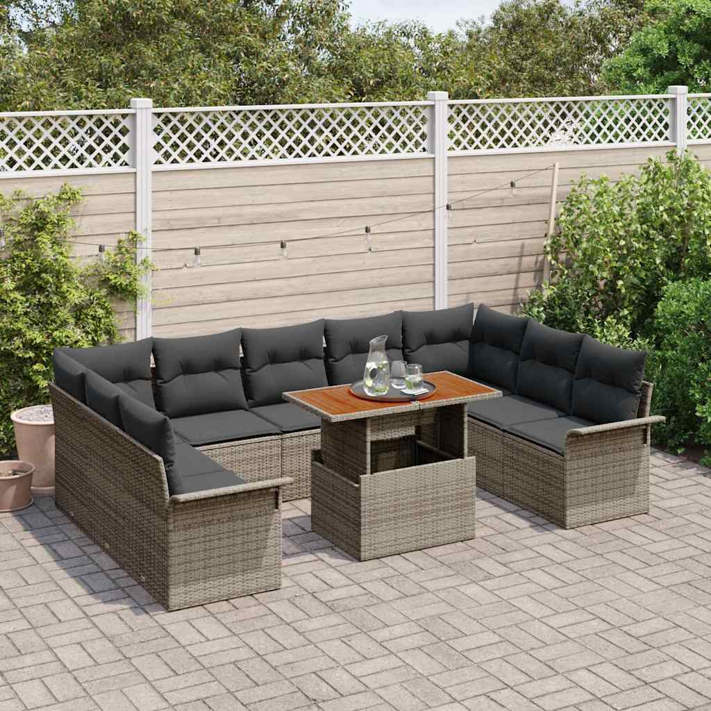 vidaXL 10-delige tuinset met kussens in grijs poly rattan en acacia
