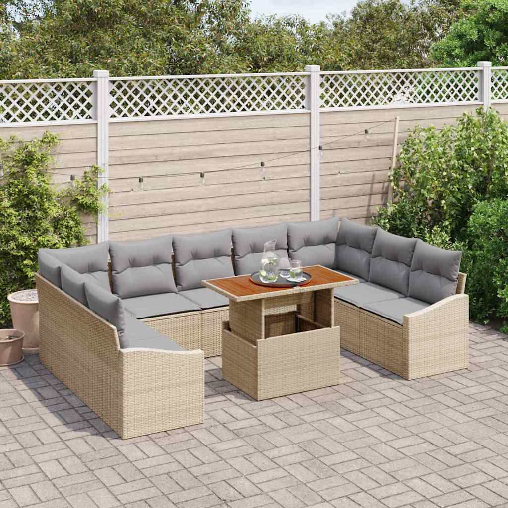 vidaXL 10-delige tuinset met kussens van beige poly rattan