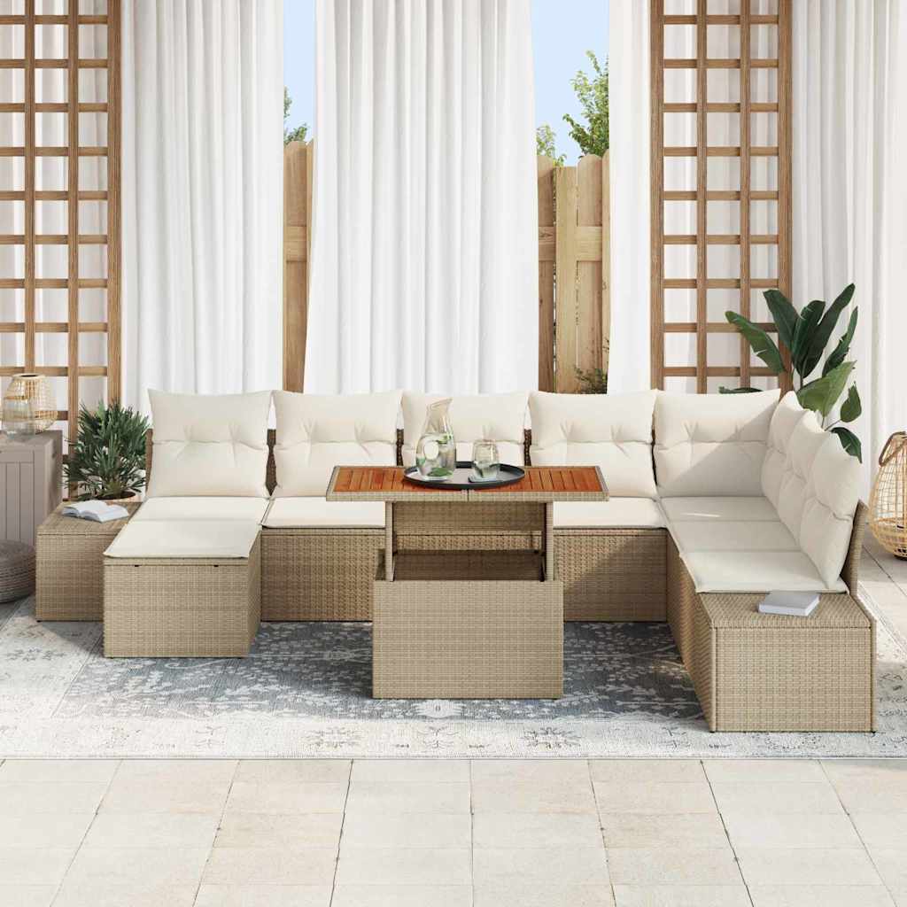 vidaXL 9-delige tuintafelset met kussens in beige poly rattan en acacia