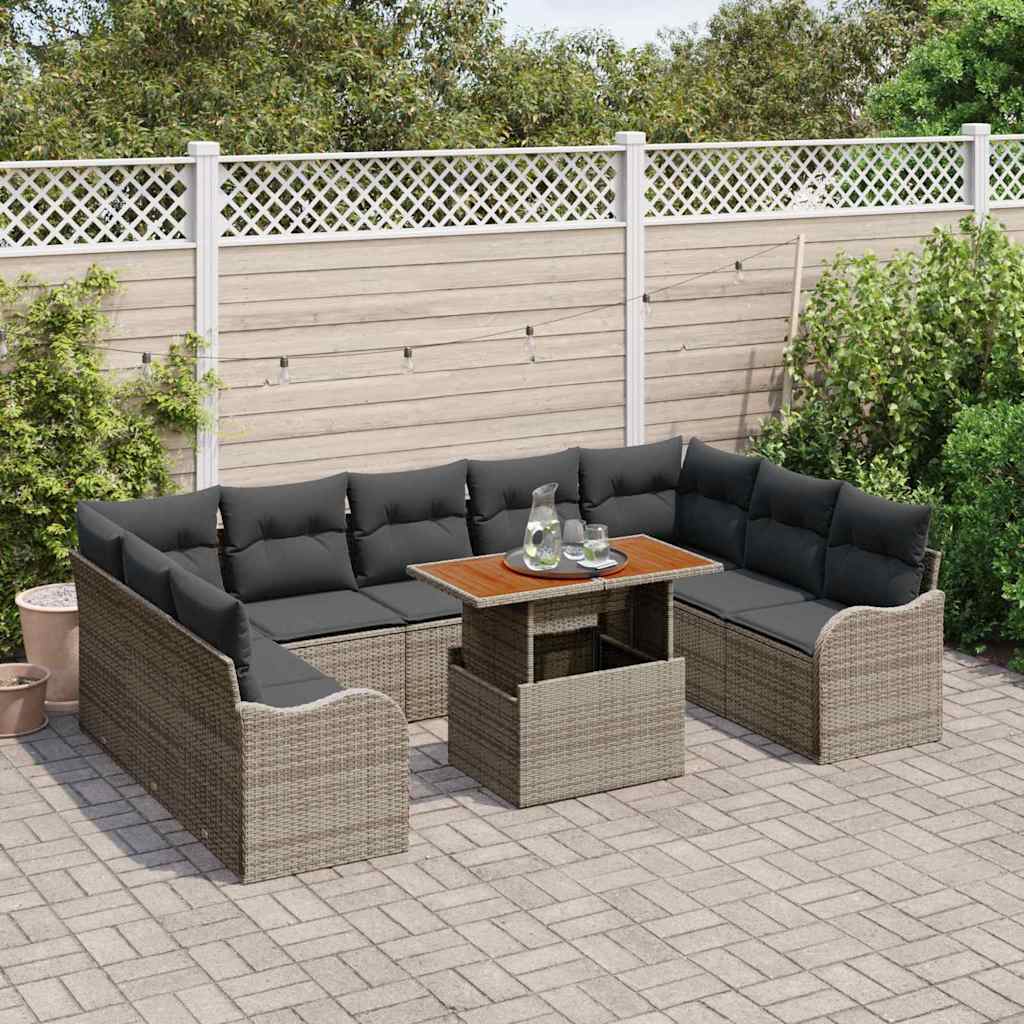 vidaXL 10-delige Tuinbankenset met kussens poly rattan acacia grijs