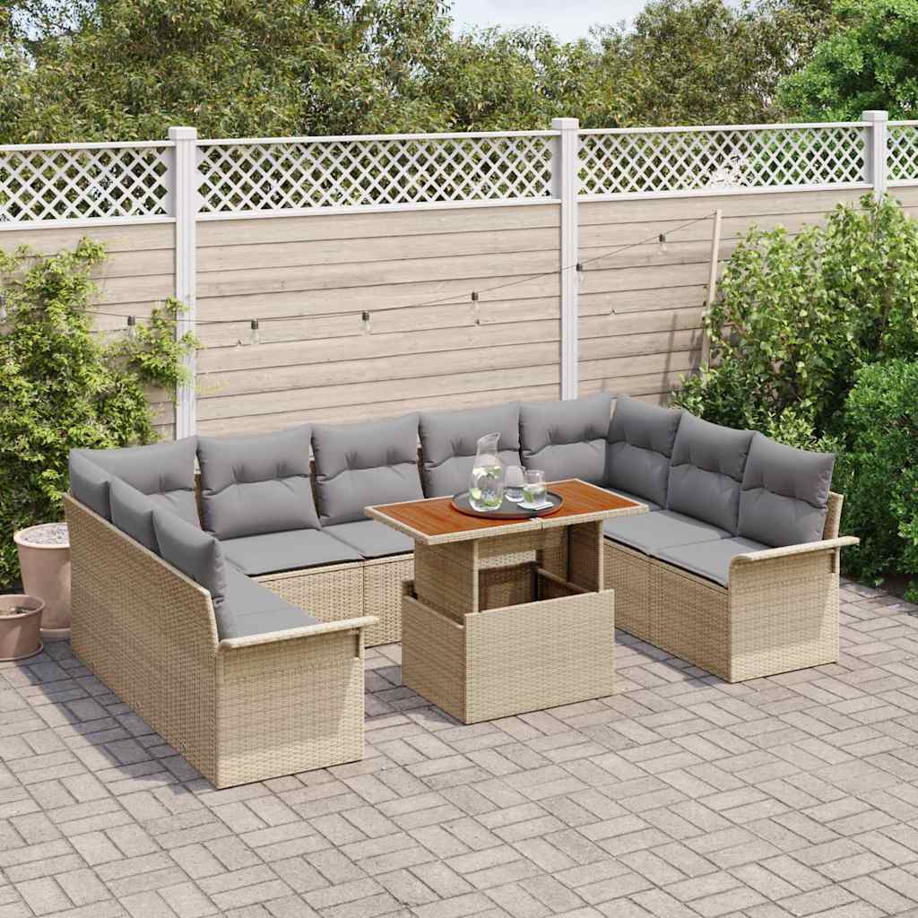 vidaXL 10-delige tuin eetset met kussens in beige van poly riet en acacia.