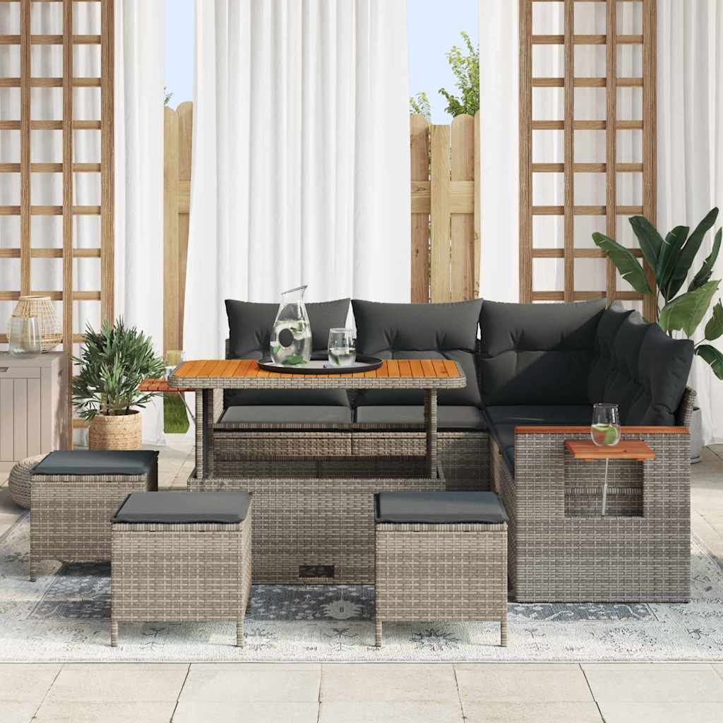 vidaXL 9-delige Tuinbankenset met kussens poly rattan acacia grijs