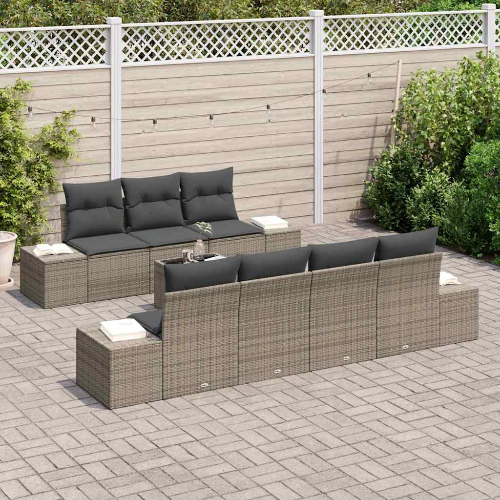 vidaXL 8-delige tuinbankset met kussens, grijs poly rattan