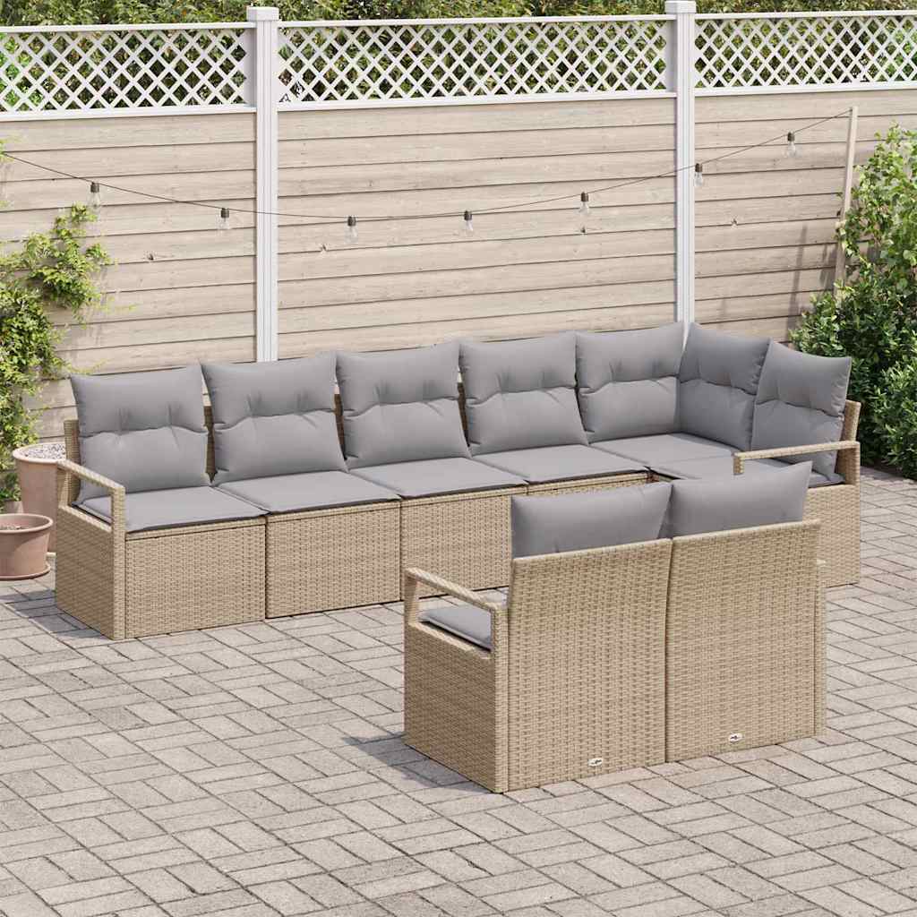 vidaXL 8-delige tuinset met kussens in beige van poly rattan
