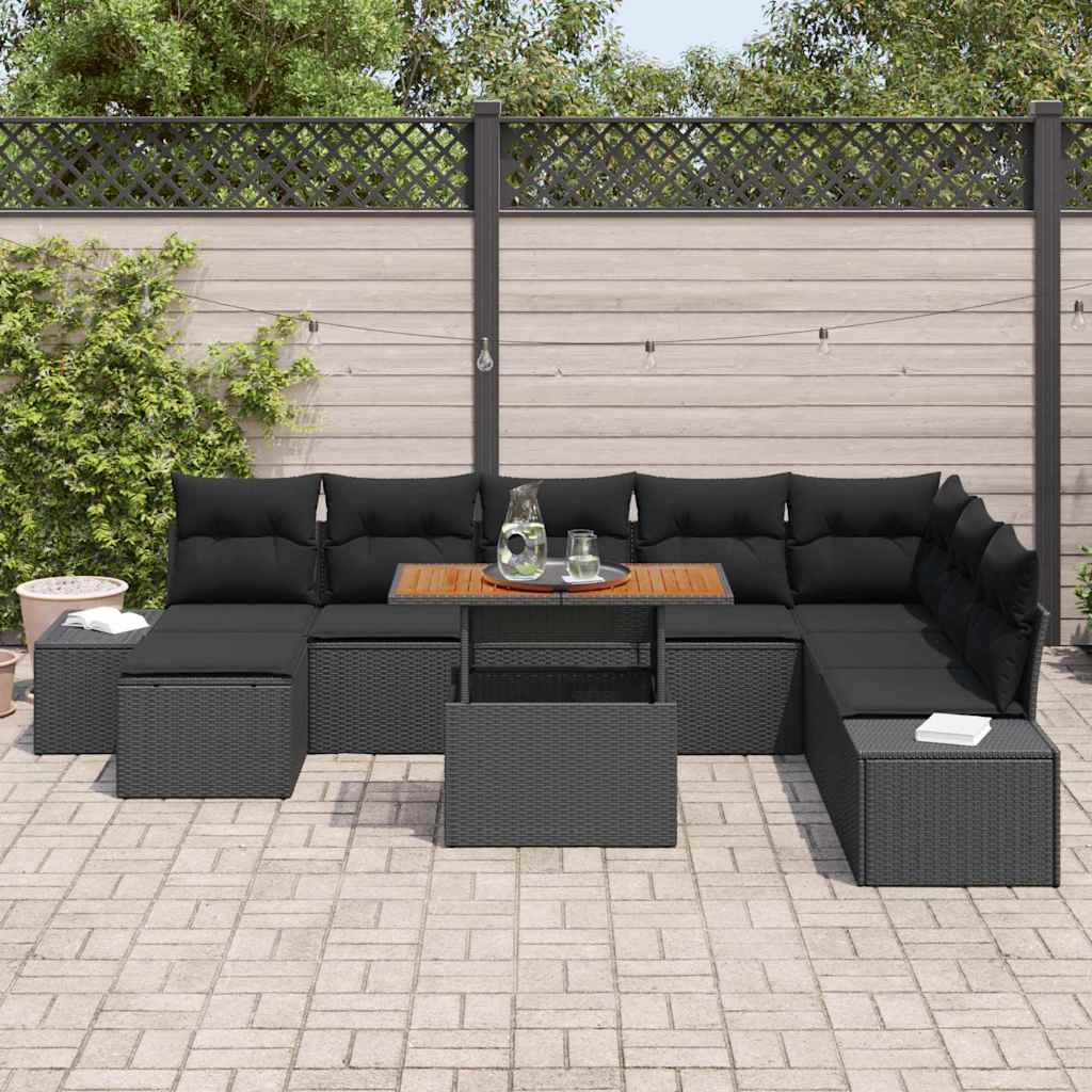 vidaXL 9-delige tuintafelset met kussens in zwart poly rattan en acacia